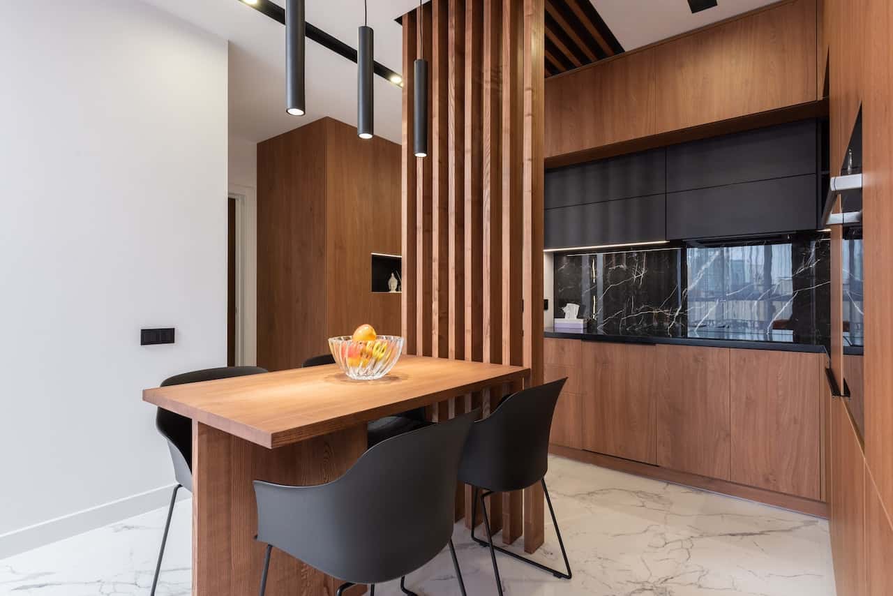 mounted table against a wooden divider