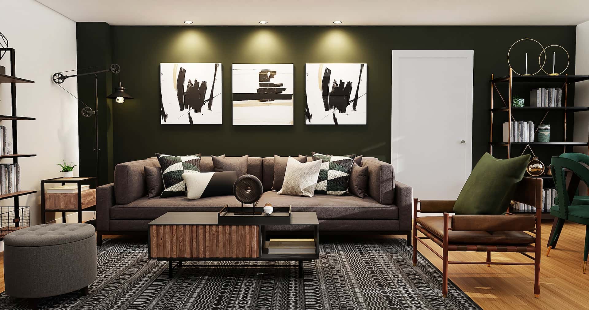 olive-green accent wall