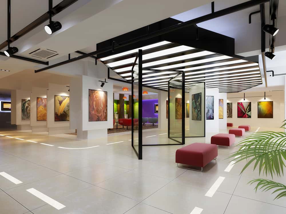 Contemporary gallery with polycarbonate roof design and modern art installations