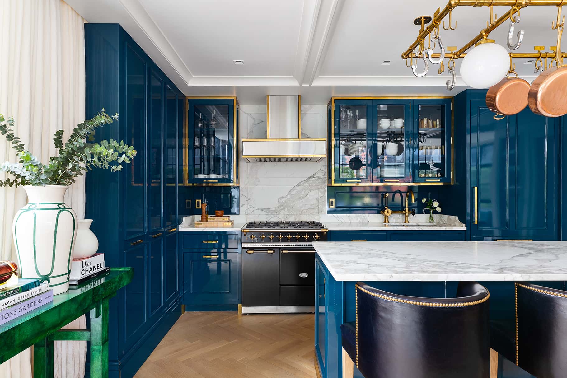 Modern Kitchen Platform Designs sleek kitchen, white cabinets, dark wood floor.