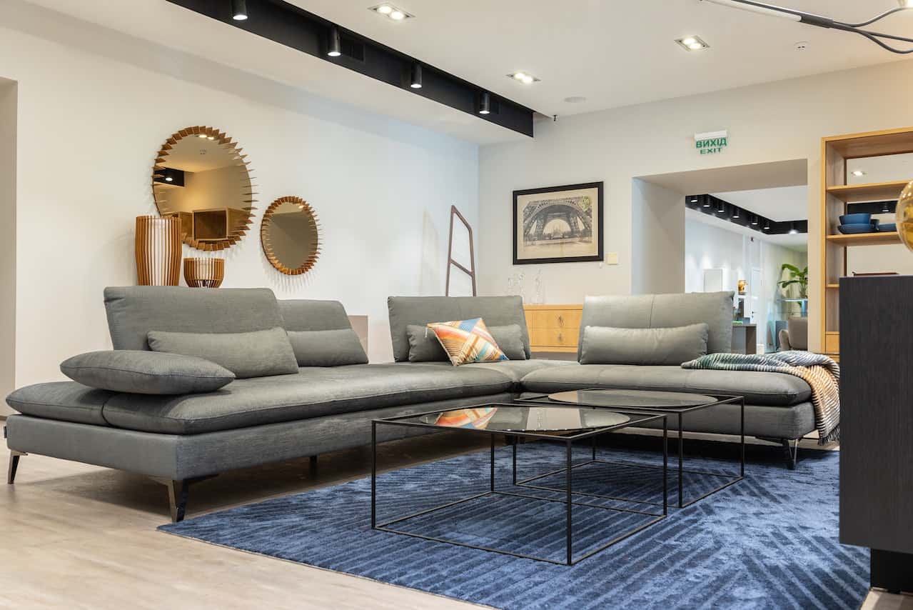 Contemporary fiber ceiling designs complement this chic living space