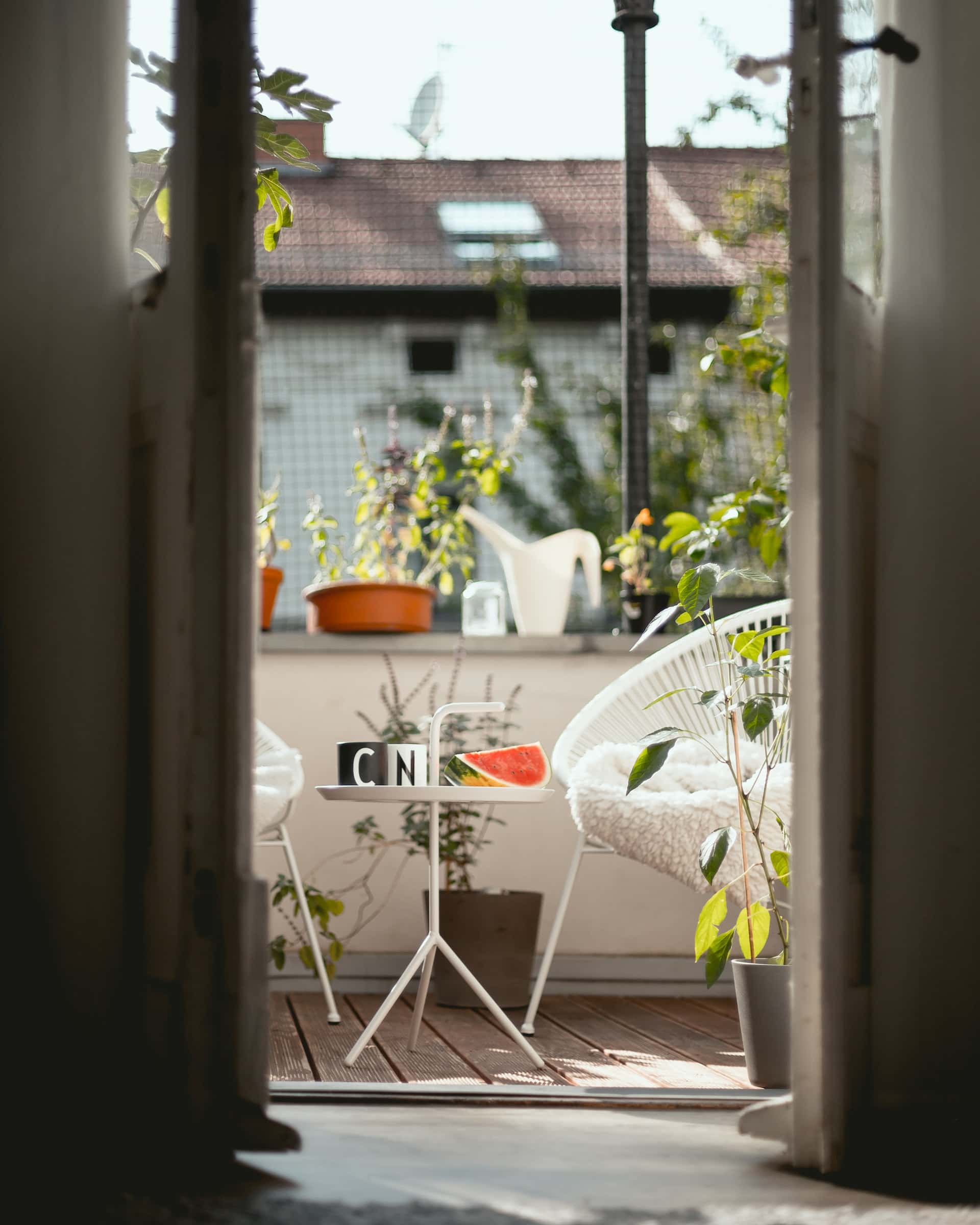 Inviting closed balcony ideas with net safety, plants, and a small seating setup