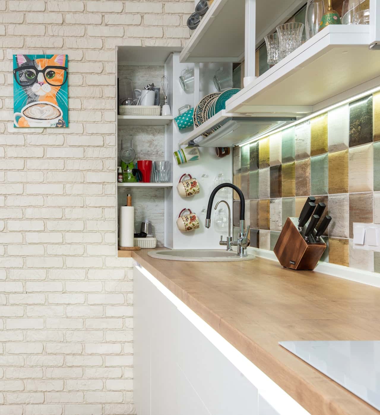 Smart cement cupboard designs with open kitchen shelves and rustic backsplash