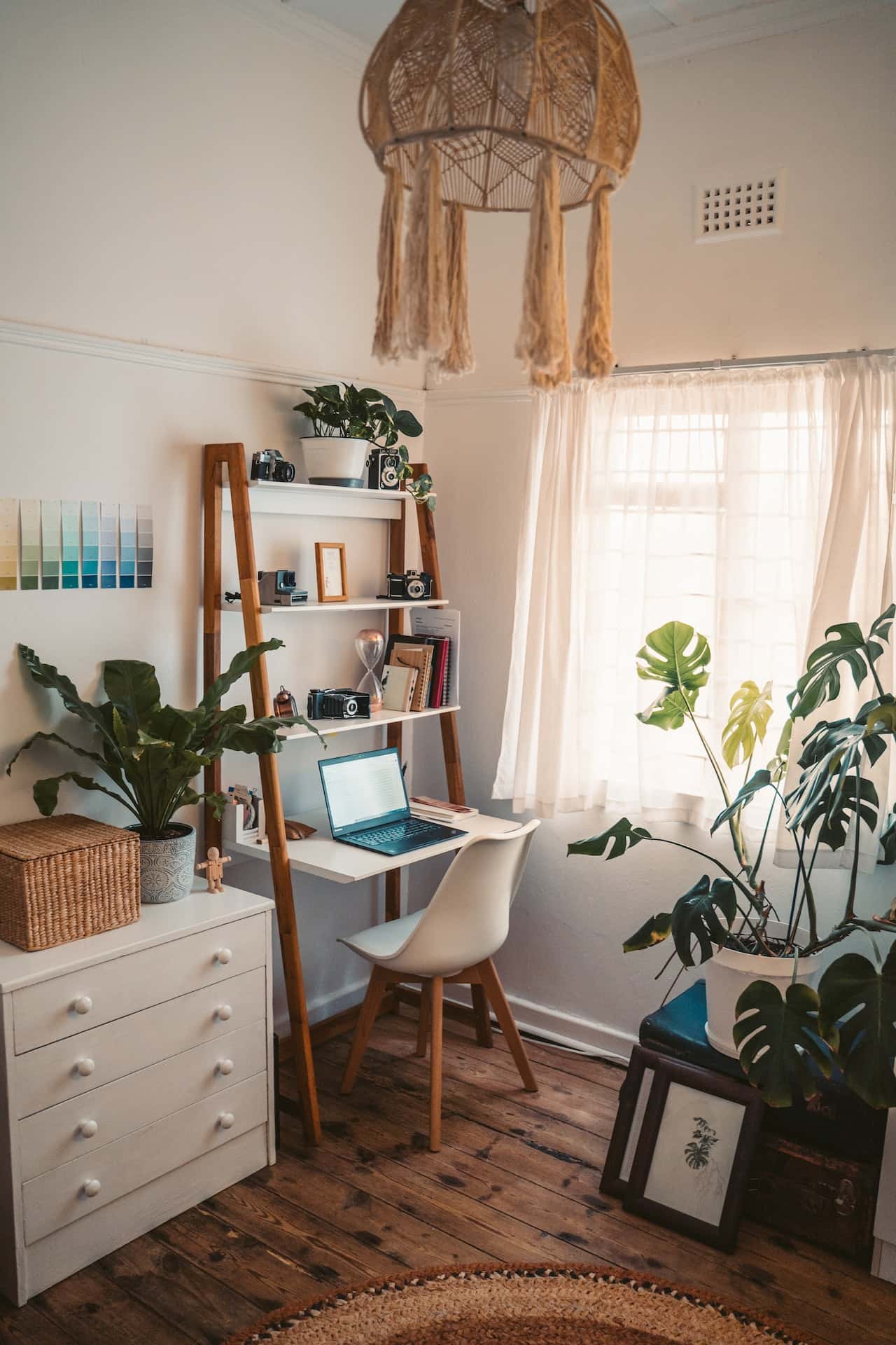 simple study table with overhead shelves