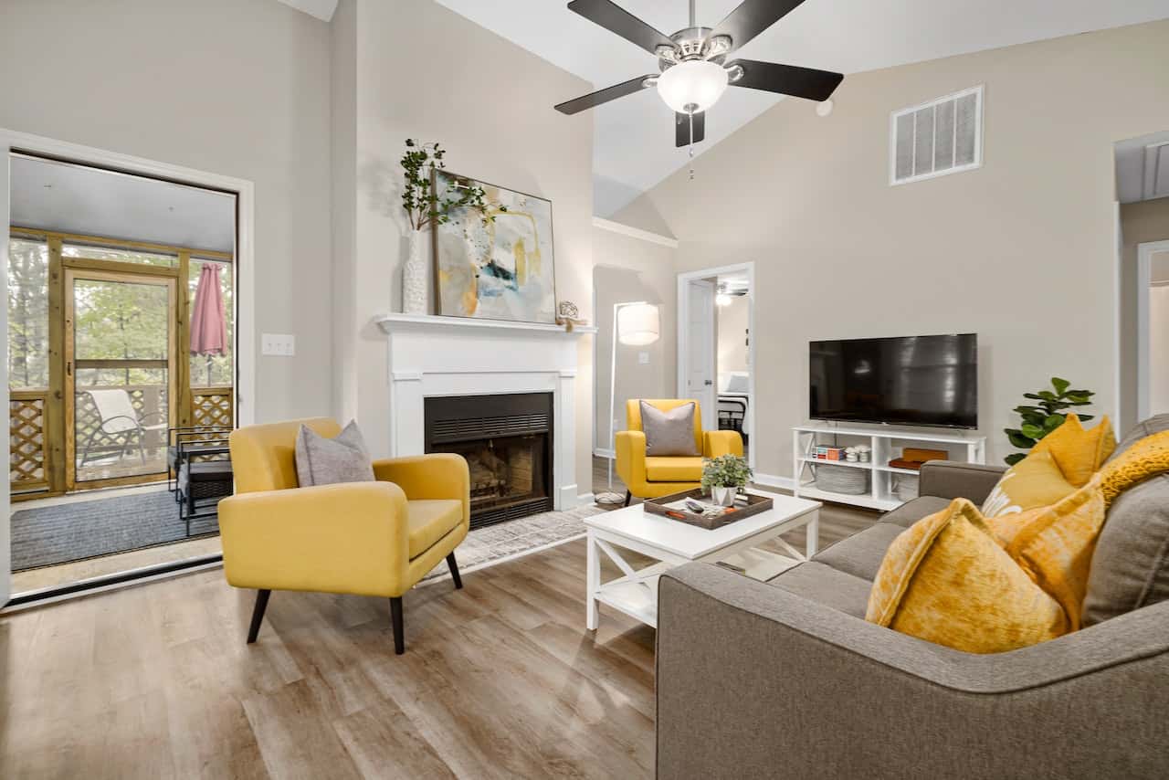 Inviting Screen Door Designs with cozy living room and vibrant decor