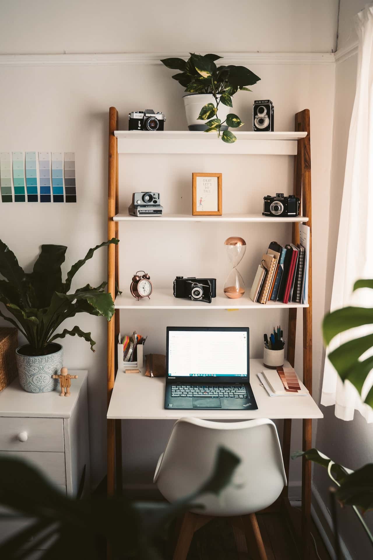 wall study table with bookshelf design