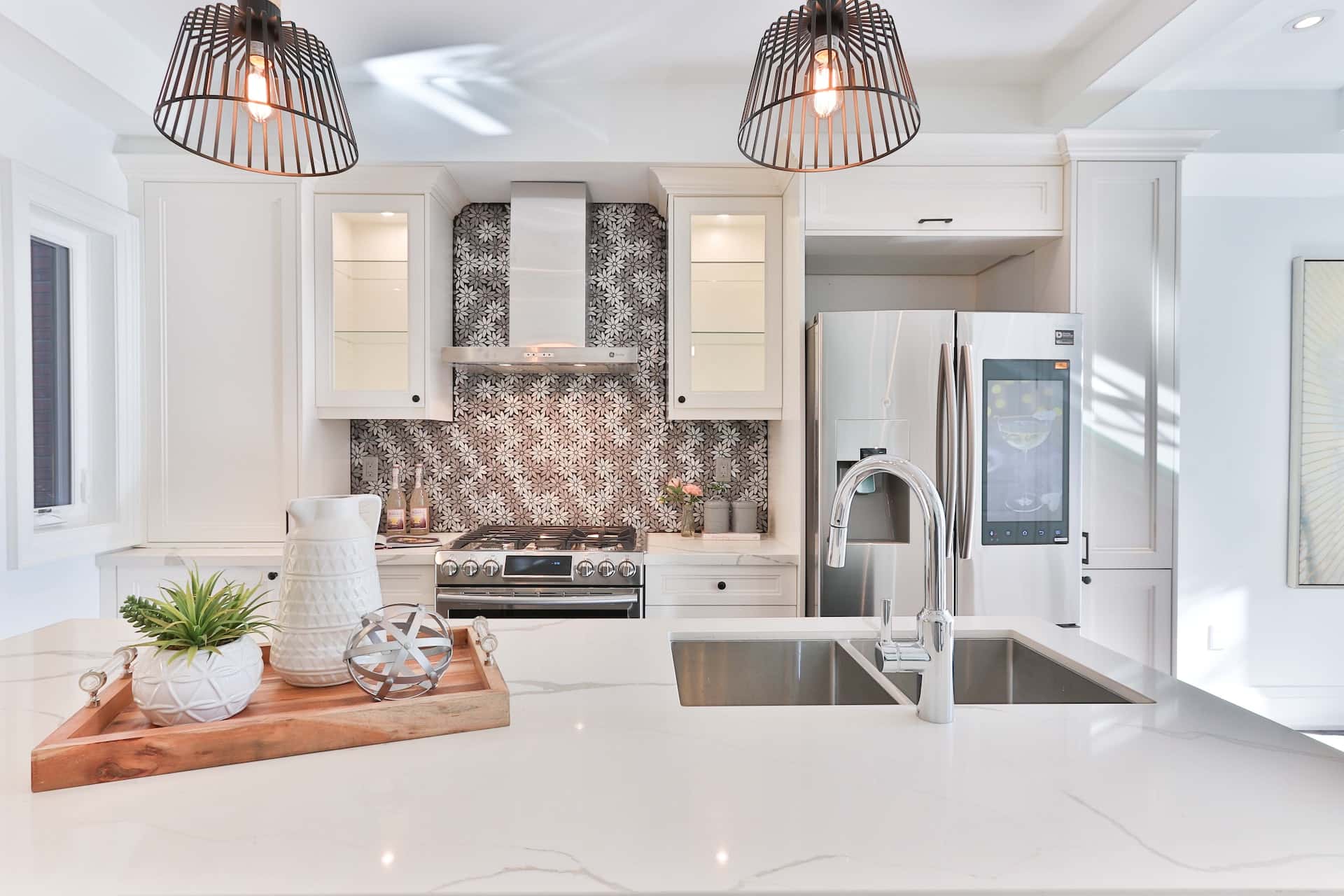Elegant 3d kitchen designs with mosaic backsplash and stylish lighting.