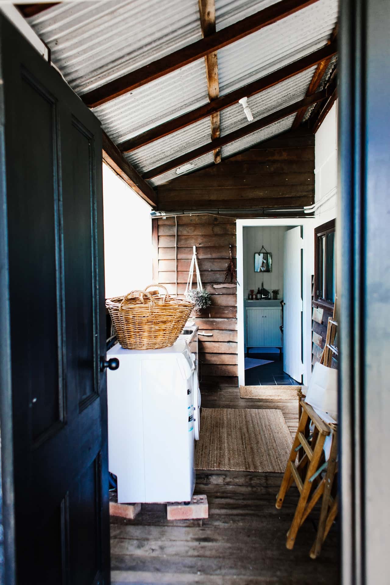 Rustic balcony kitchen ideas with wooden walls and open view