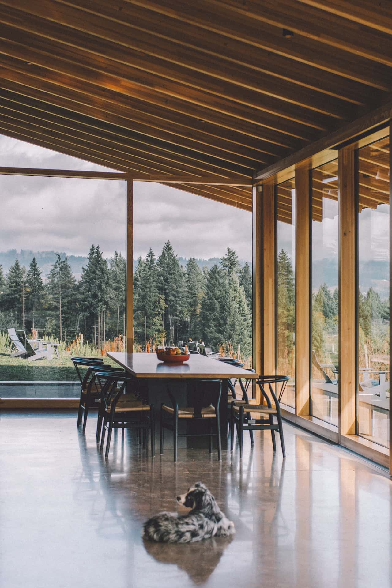 Sloped roof assam type house design with glass walls and forest-view dining