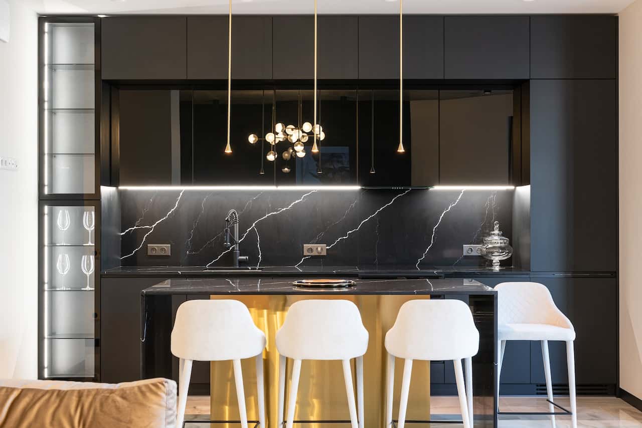 Luxurious 3d kitchen designs with sleek black cabinets and gold accents