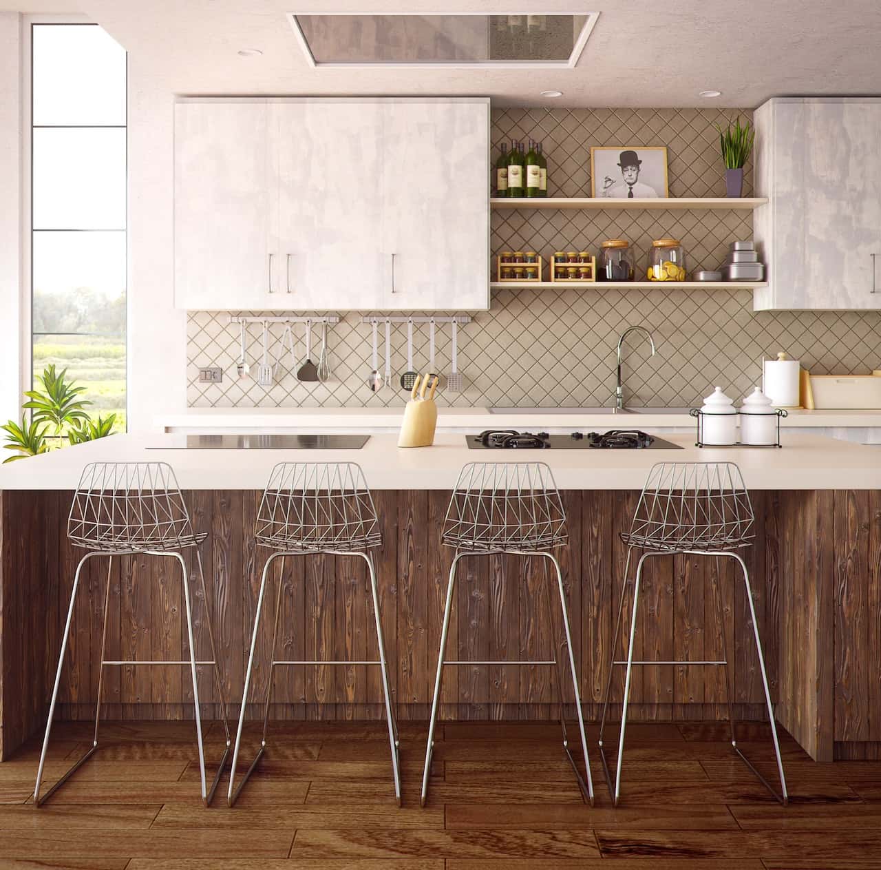 Modern 3D kitchen design with rustic wood island and diamond tile backsplash.