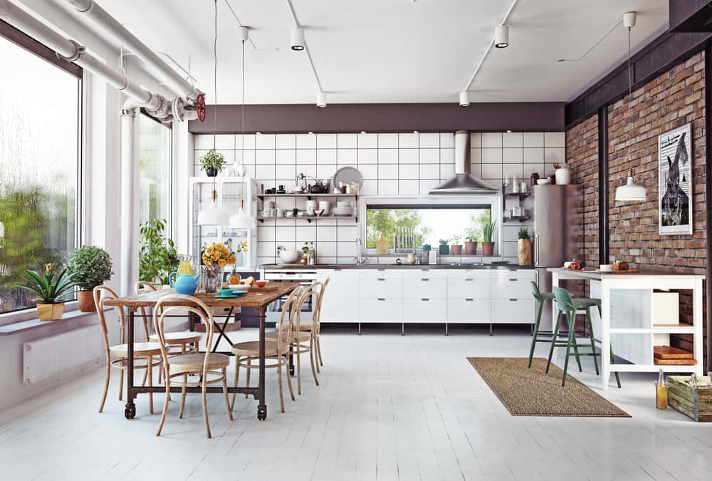Bright 3D kitchen design with industrial touches, subway tiles, and dining area