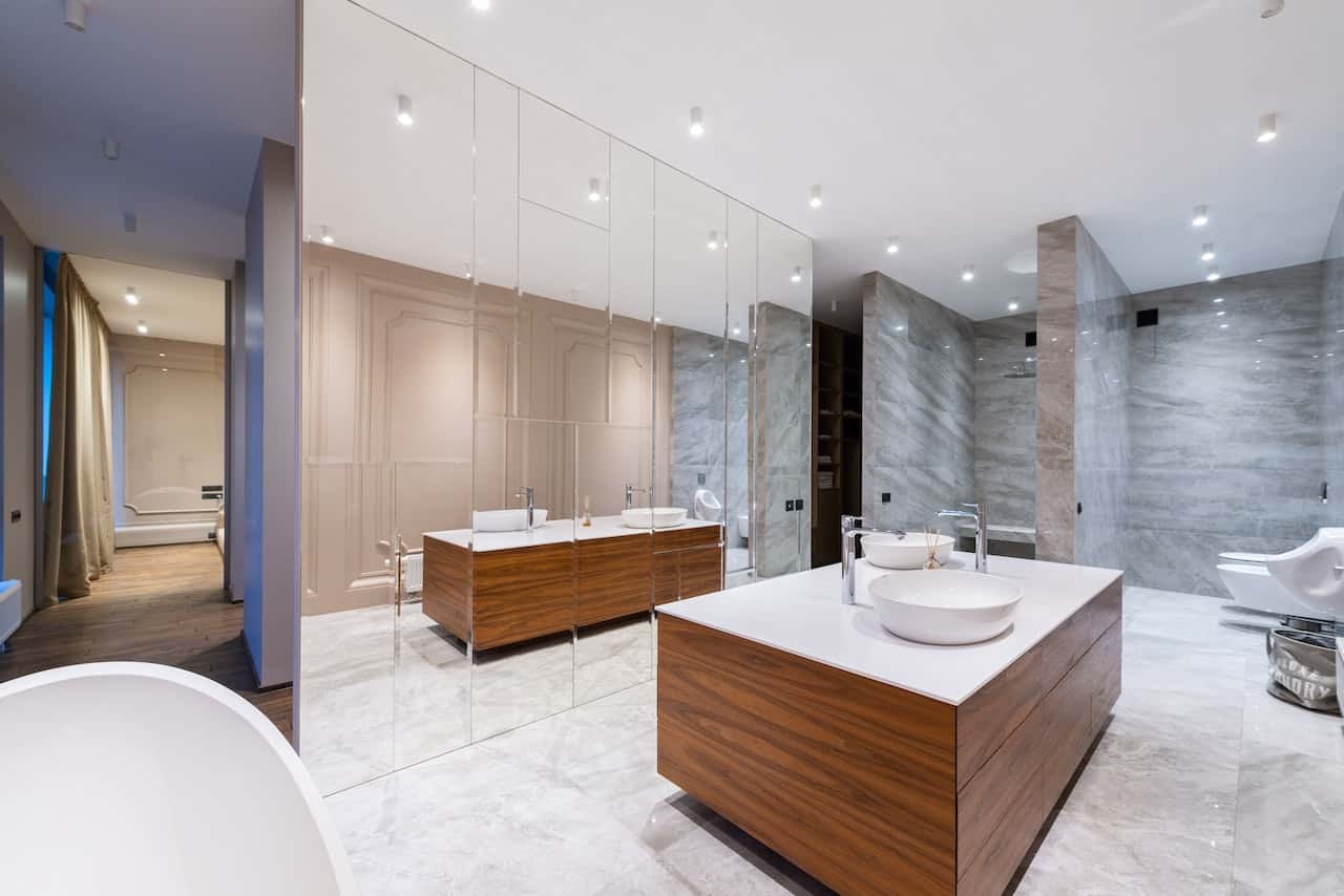 mirrored walls and double sinks