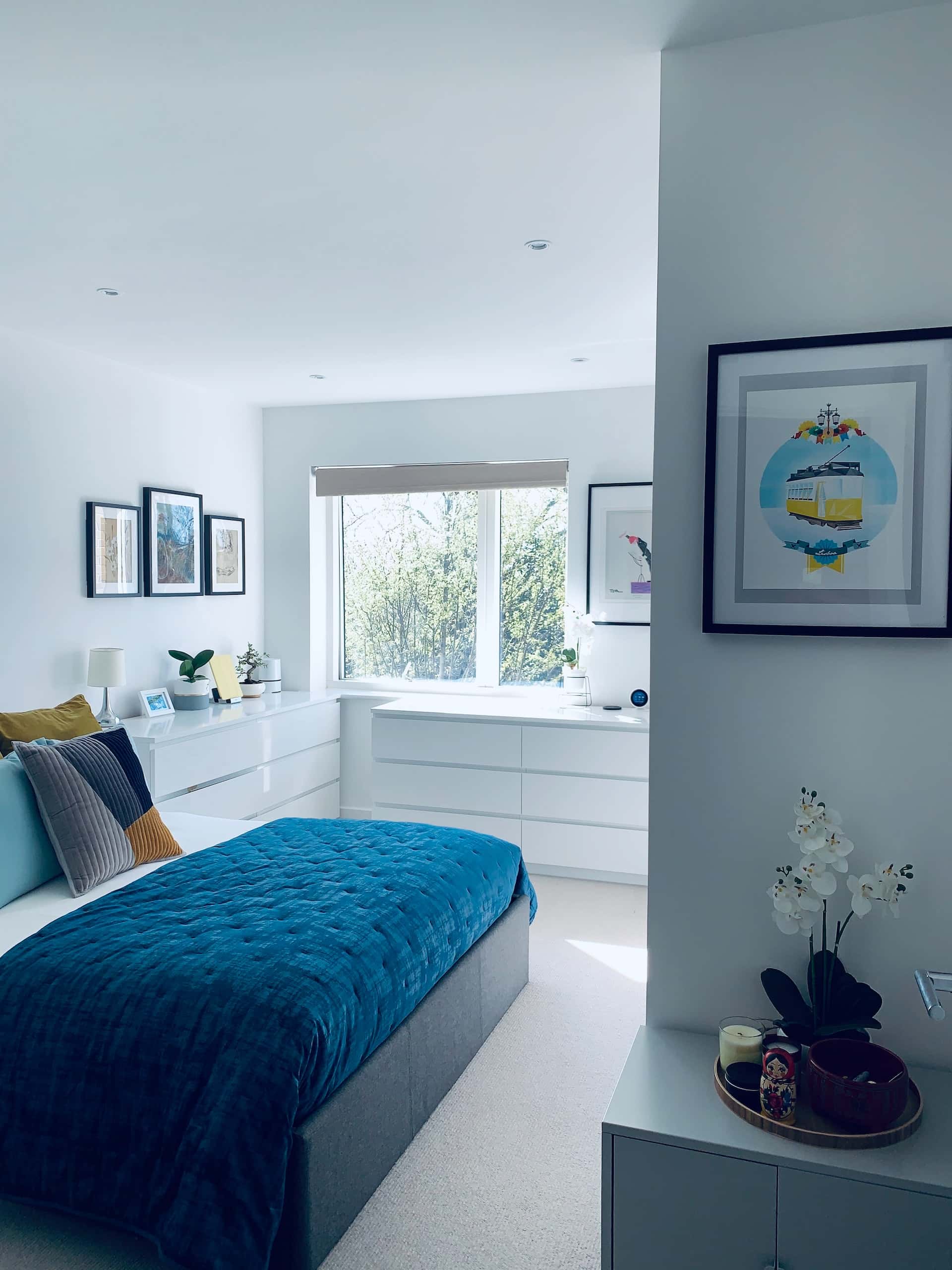 modern teal and grey bedroom