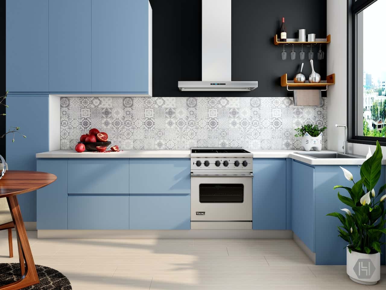 Vibrant 3d kitchen designs with beautiful blue cabinets and patterned tiles