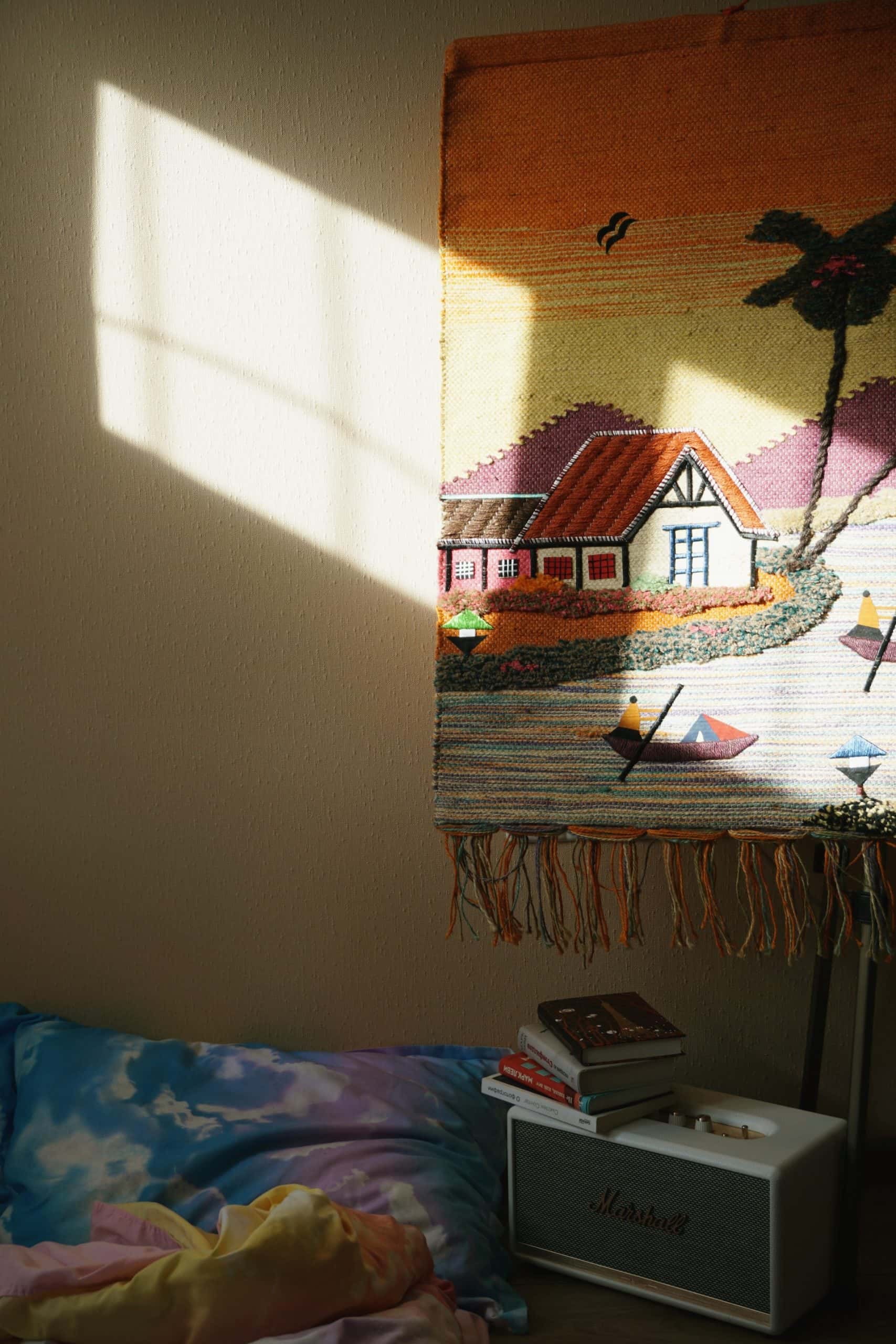 embroidered jute wall hanger design