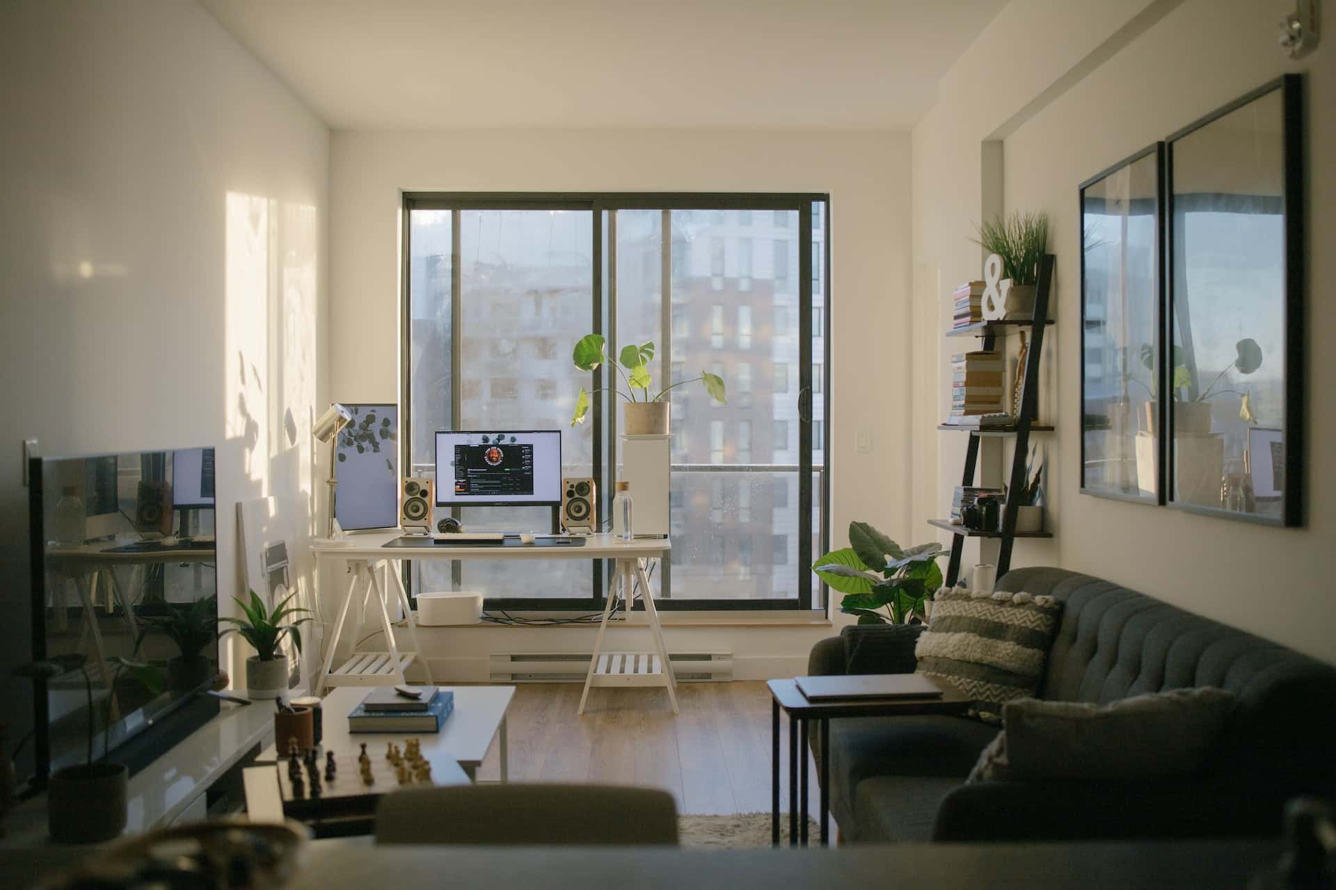 Bright sliding window grill design in cozy modern home office