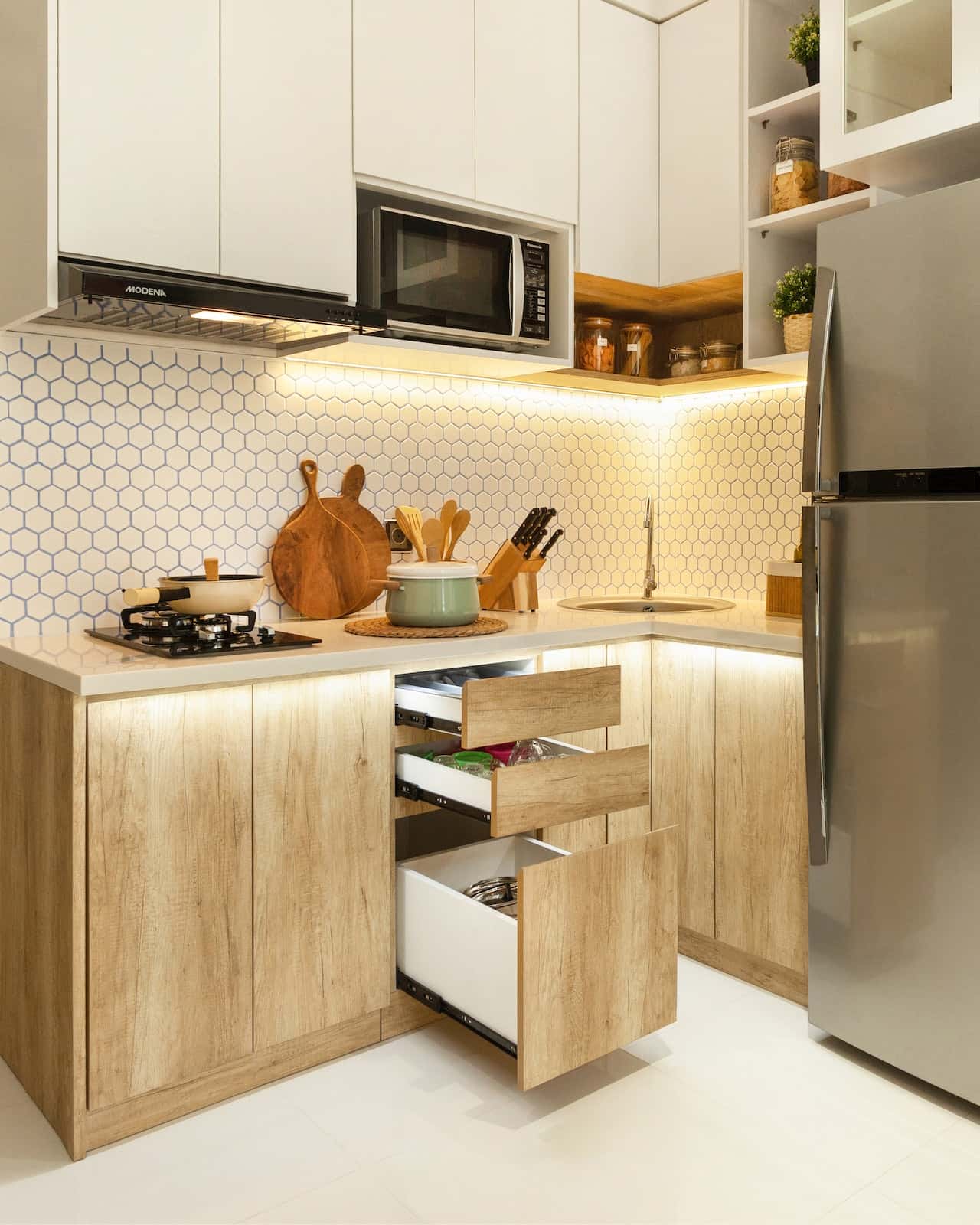 skewed space-saver over cabinet