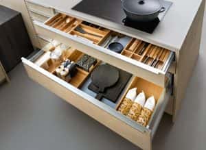Smart modular kitchen design with organized pull-out drawers for modern storage