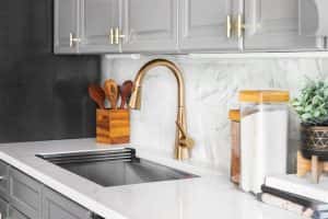 Kitchen Sink Detail Shot Grey Cabinets