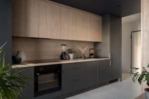 Sleek modern modular kitchen with minimalist wooden cabinets and elegant layout