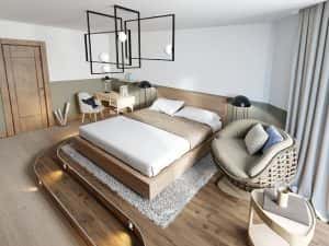 wooden loft style bedroom podium stand with hanging light