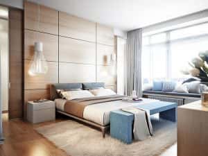 bright cozy bedroom dressing room with hanging lights