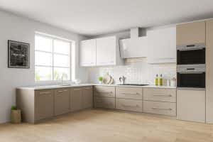 Corner stylish kitchen white brick walls