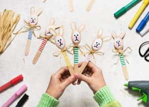 Top view of three handmade colourful, fun craft