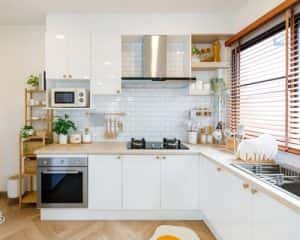 Bright simple kitchen designs with white cabinets and wooden accents for small homes