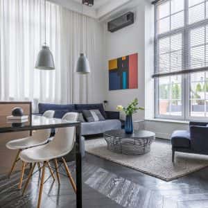 bright living room sofa and lights