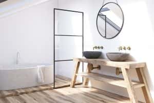 Modern bathroom interior wooden shelf
