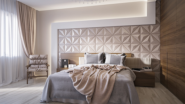 Spacious modern master bedroom leather wall