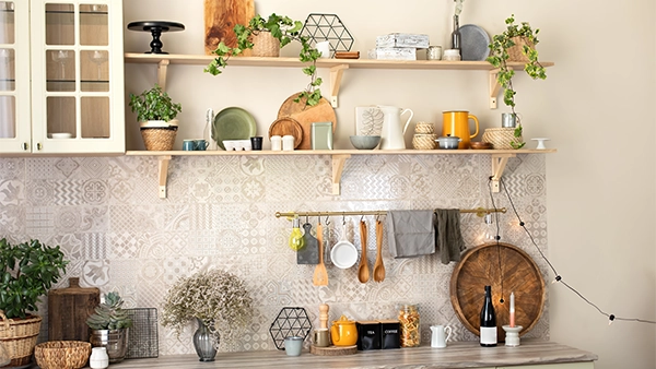 Eclectic modern kitchen cupboards with open shelves and creative counter display styling