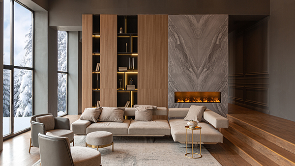 Living room marble wall fireplace stylish