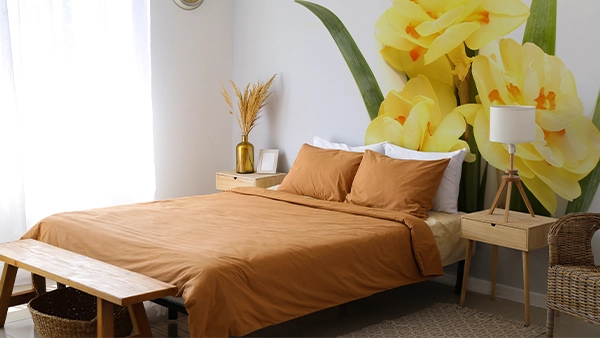Stylish interior bedroom with beautiful narcissus flowers