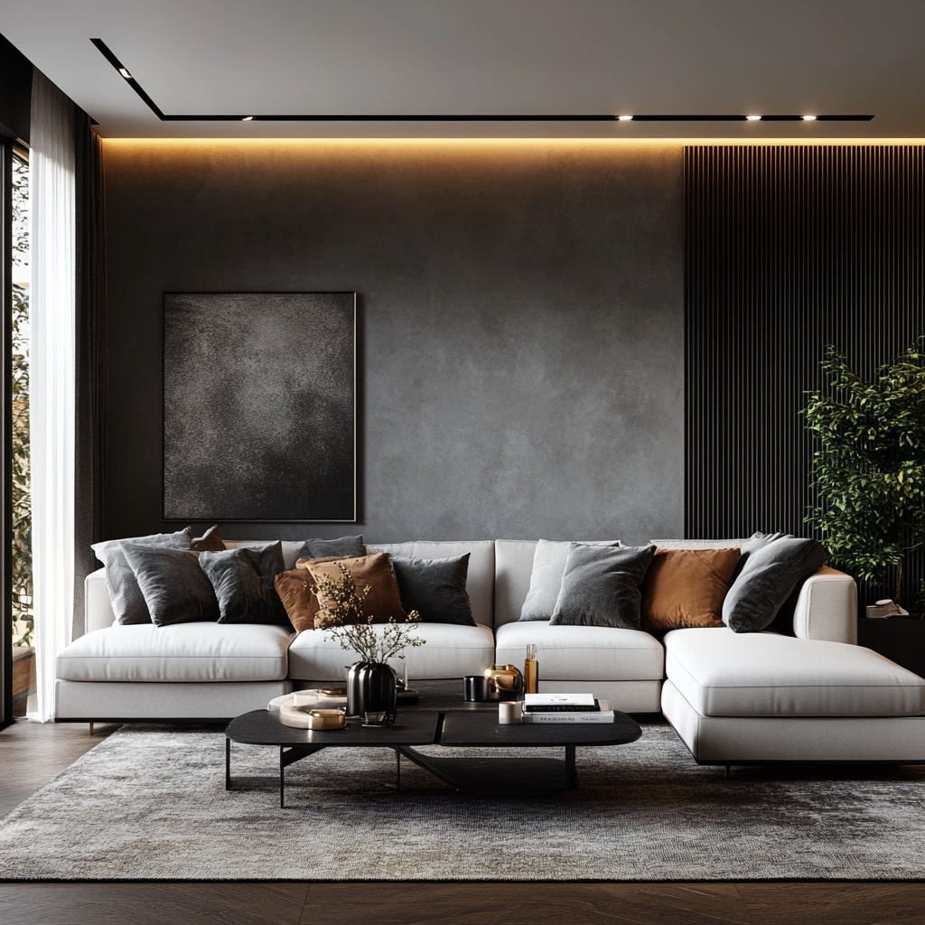 Living room with light grey and white colour combination walls. 