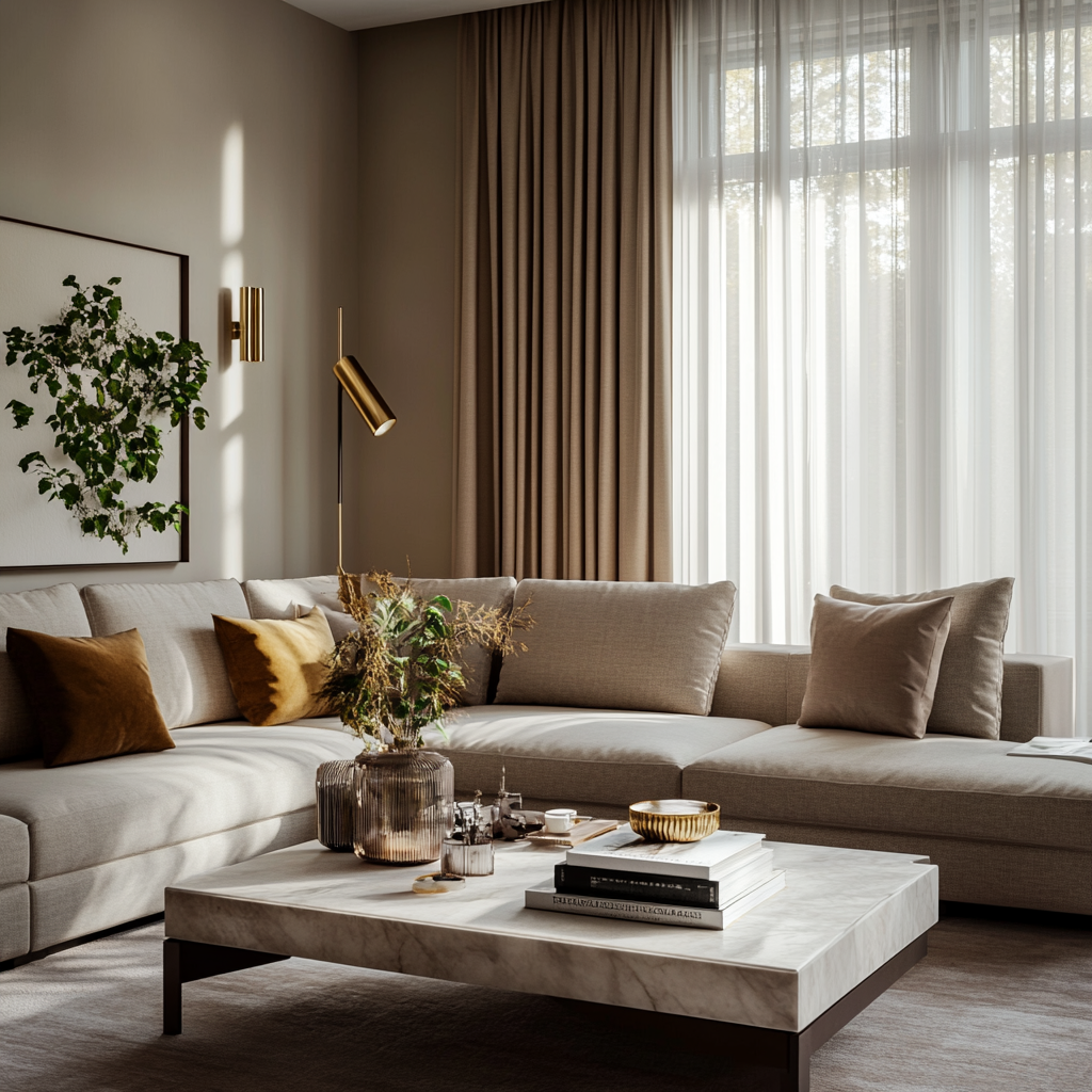 Living room with beige and light grey wall paint design. 