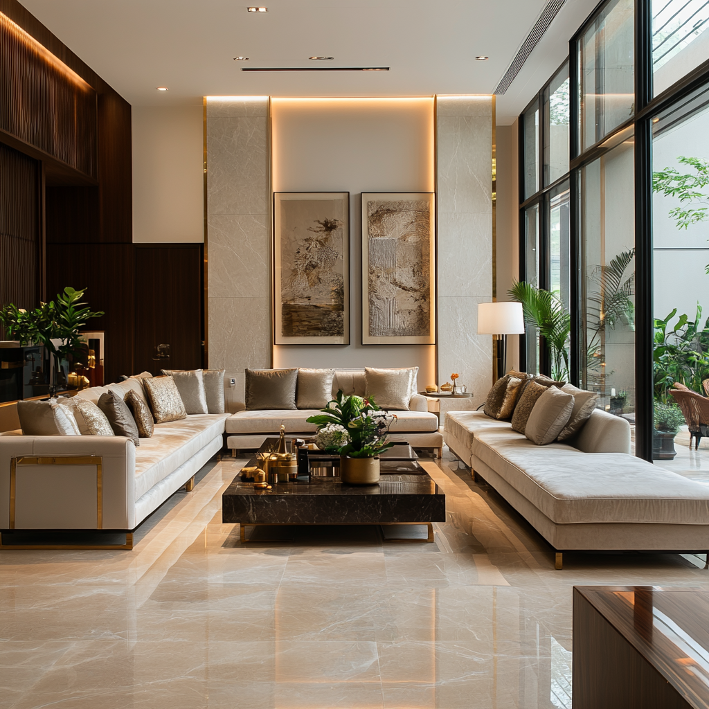 White double charge tiles in luxury living room with digital design