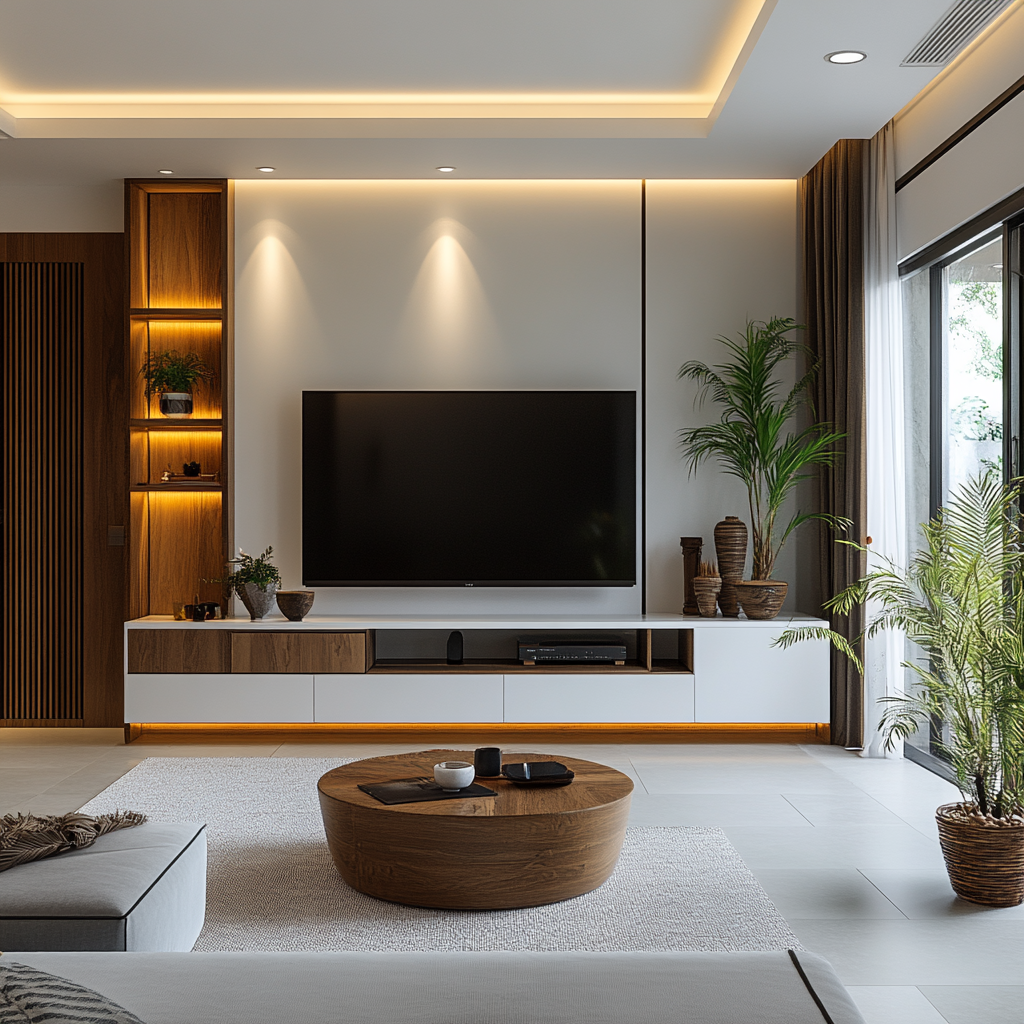 Stylish interior design cost in Ahmedabad with modern TV unit and warm lighting