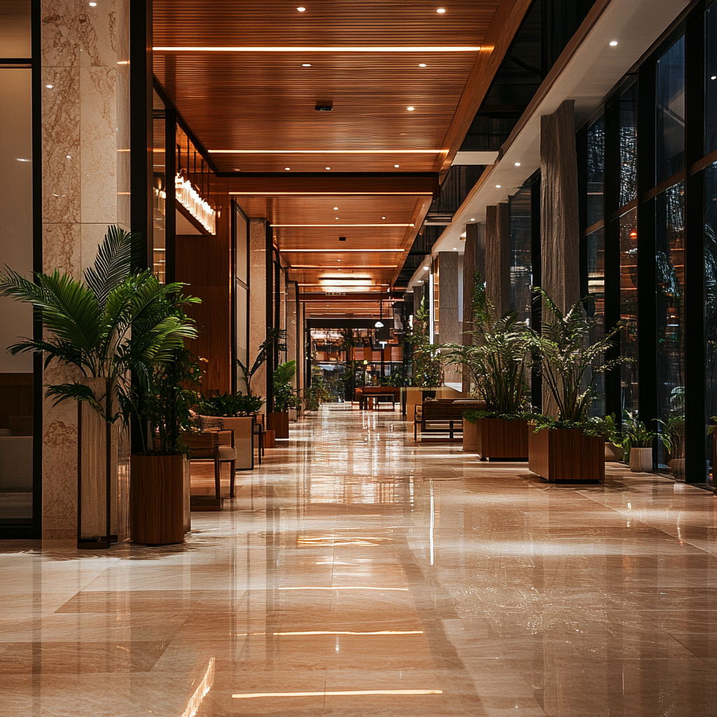 Glossy double charge tiles in hallway with digital and GVT tiles