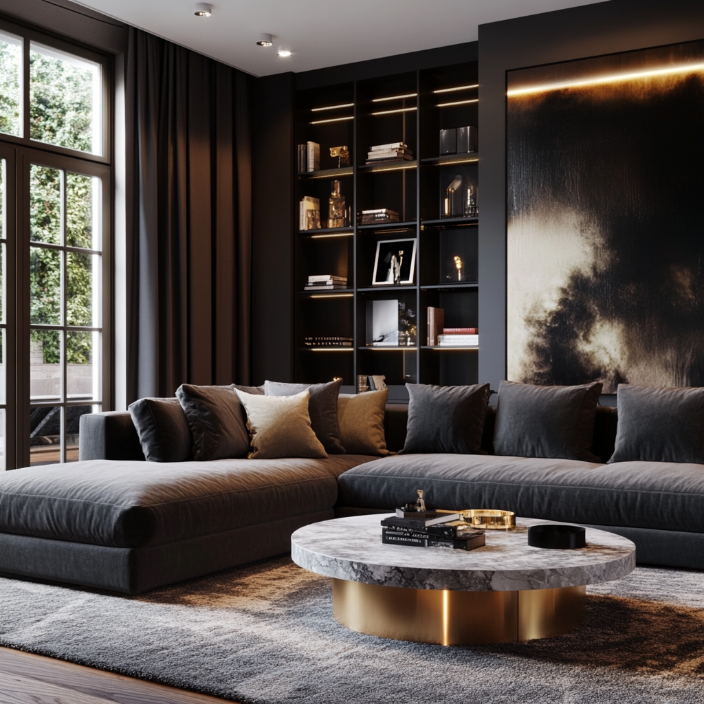 Modern living room with grey wall paint and grey color combination. 