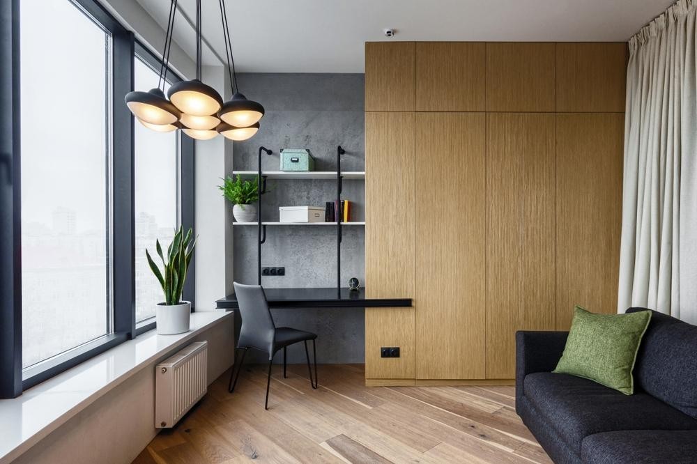 Modern 1 BHK flat interior design with study setup ideas