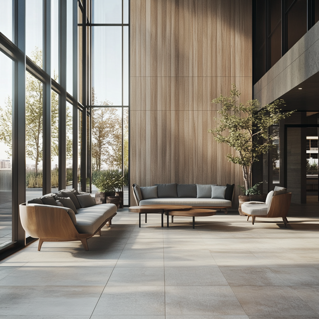 Modern lobby with digital tiles and white double charge tiles flooring