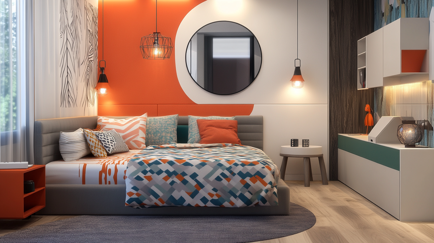 4 BHK interior design cost in Ahmedabad with bold orange modern bedroom decor