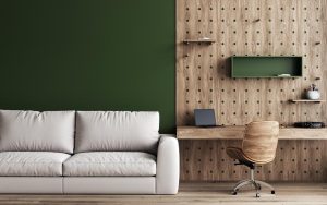 Wall panelling materials in home office with stylish wooden panels 