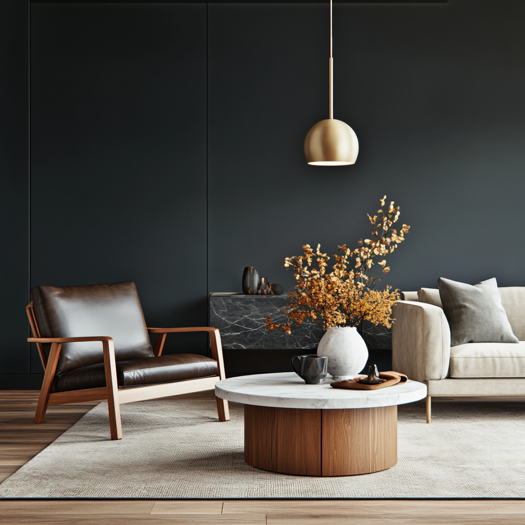 Living room with dark grey wall paint and neutral color combination. 