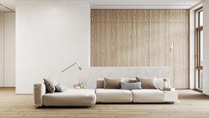 Wall paneling materials in modern living room with wood panels 