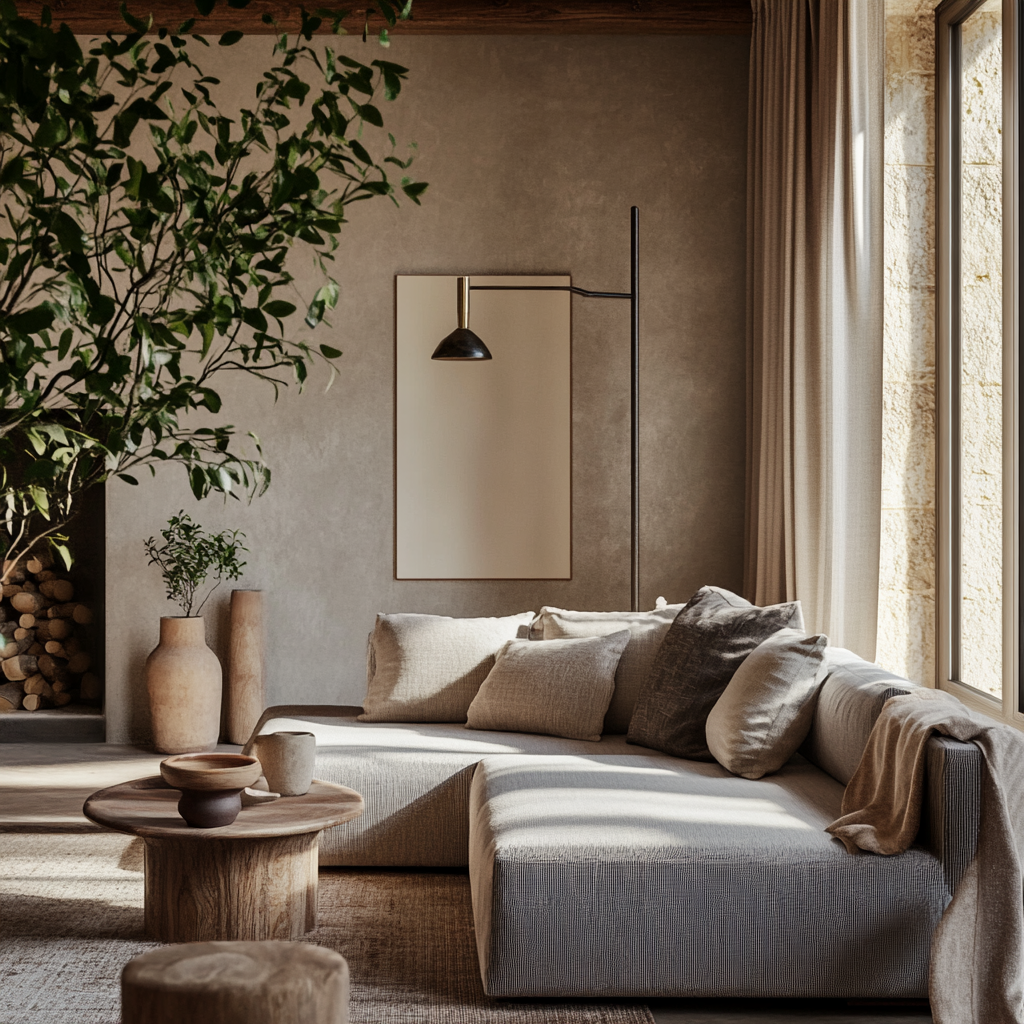 Living room with light grey wall paint and grey color combination. 