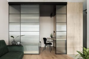 Types of wall panelling materials with modern glass wood divider 
